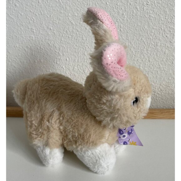 HugFun Tan Easter Bunny Rabbit Plush 7" Purple Bow Pink Glitter Ears - Picture 2 of 8